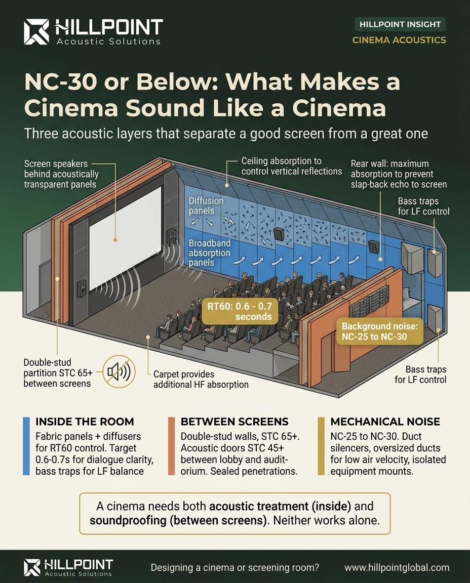 Cross-section infographic of a cinema auditorium showing absorption zones on walls and ceiling, bass traps in corners, and double-stud isolation wall between adjacent screens