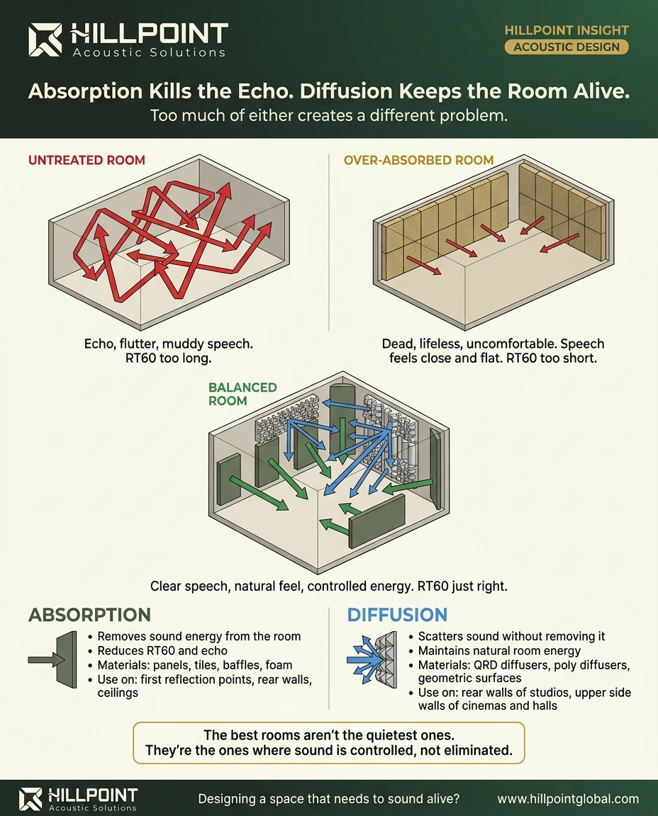 Three-panel infographic showing the same room untreated with chaotic reflections, over-absorbed and dead, and balanced with absorption and diffusion