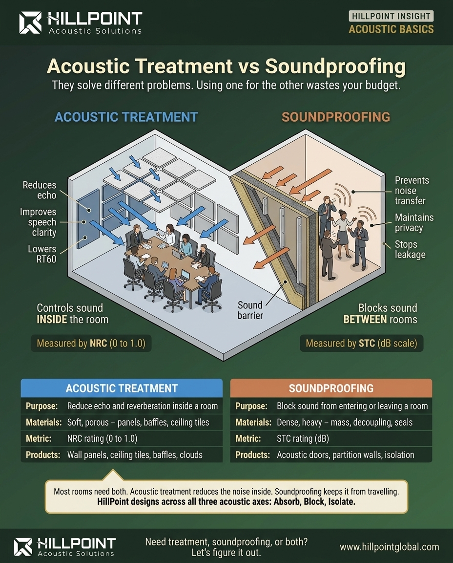 Infographic comparing acoustic treatment and soundproofing side by side, showing absorption inside a room versus blocking between rooms