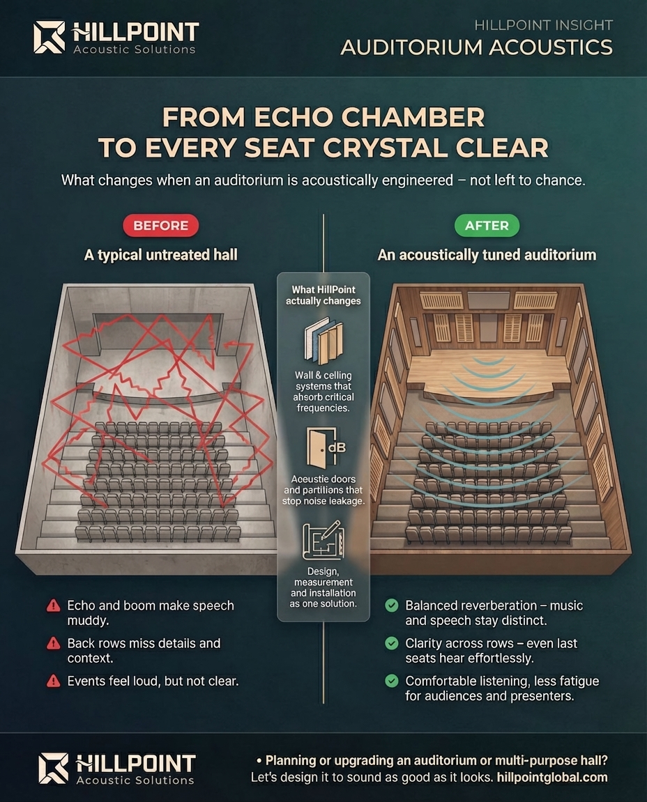 Infographic comparing an untreated auditorium echo chamber with an acoustically tuned auditorium where every seat has clearer speech and balanced reverberation