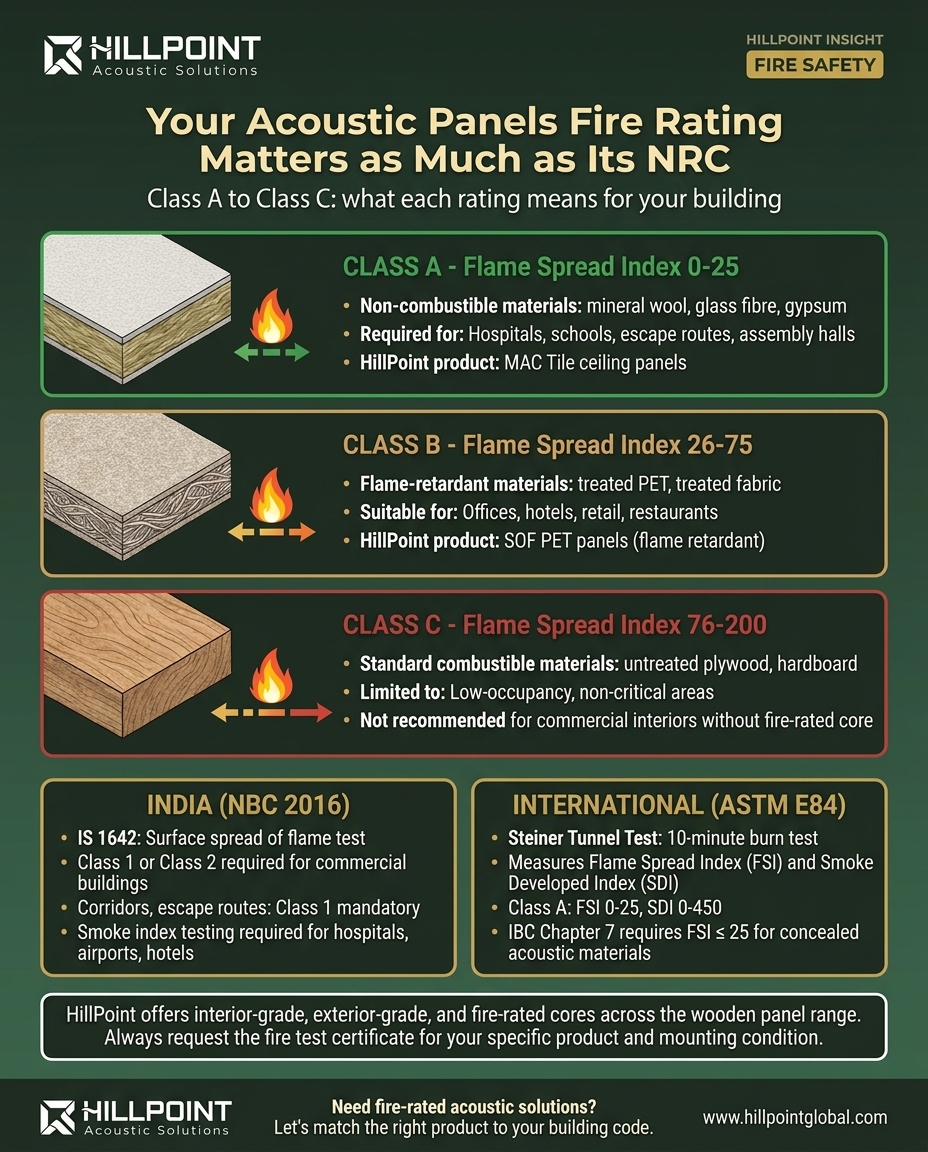 Infographic showing three fire rating tiers for acoustic panels with Class A mineral fibre, Class B PET, and Class C untreated wood, with flame spread indices and application zones