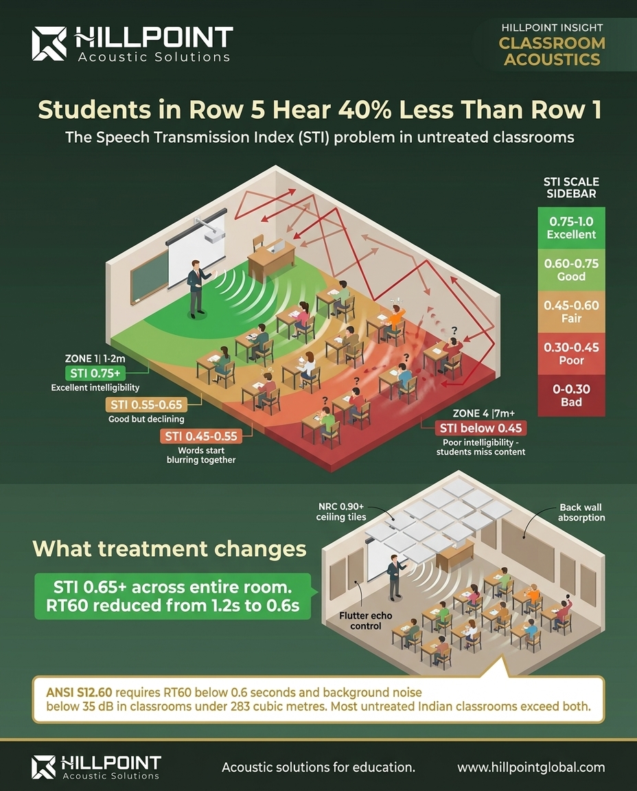 Classroom infographic showing speech intelligibility gradient from green (STI 0.75) at the front to red (STI below 0.45) at the back, with STI scale and treatment solutions