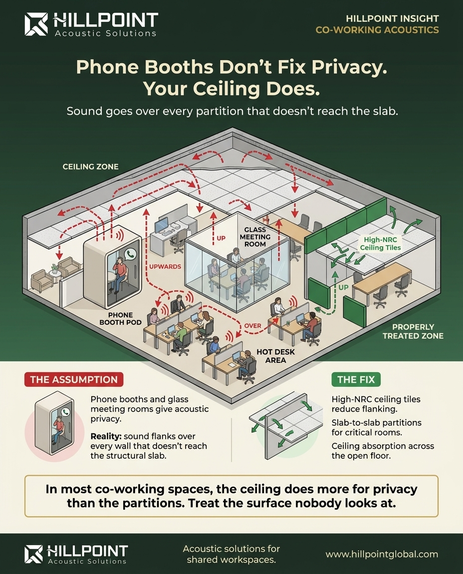 Top-down infographic of a co-working floor plan showing sound flanking over phone booth and meeting room partitions through the shared ceiling plenum