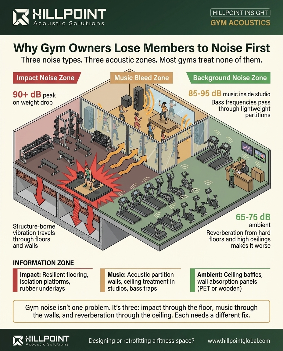 Isometric infographic of a gym interior showing three colour-coded acoustic zones: red impact noise area, amber music bleed zone, and green ambient noise area with treatment solutions