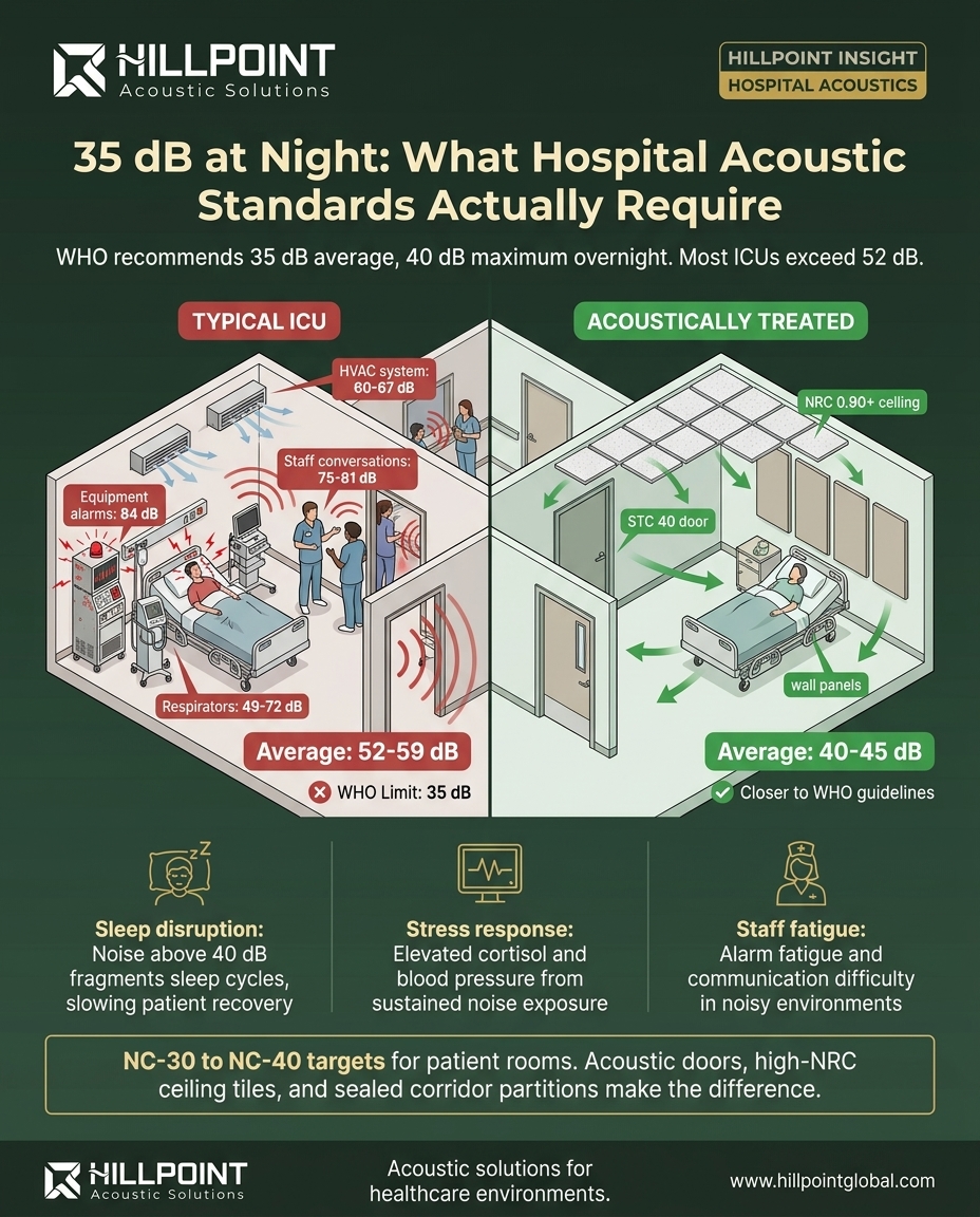 Before and after infographic of an ICU showing noise sources with dB levels on the untreated side and acoustic treatment with reduced levels on the treated side