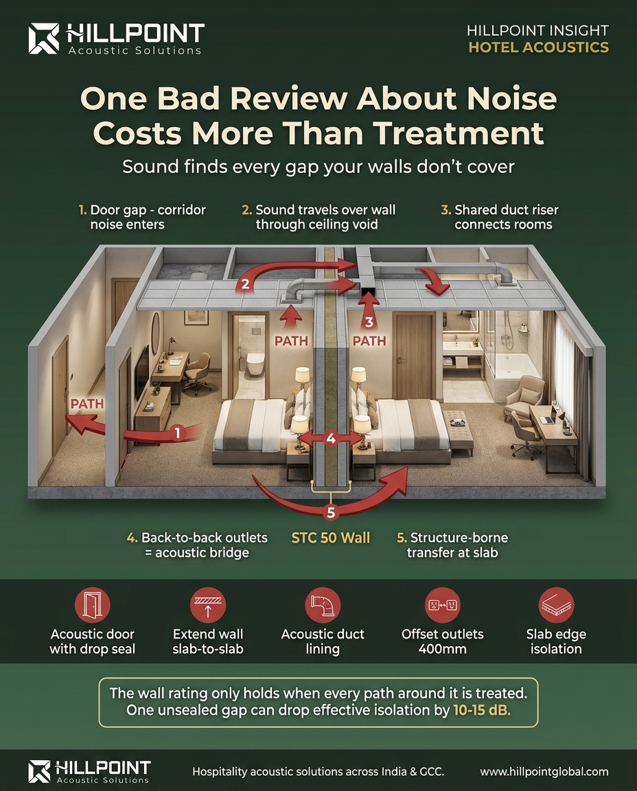 Cross-section infographic of two adjacent hotel rooms showing sound leakage paths through party wall, door undercut, bathroom duct riser, and electrical outlets