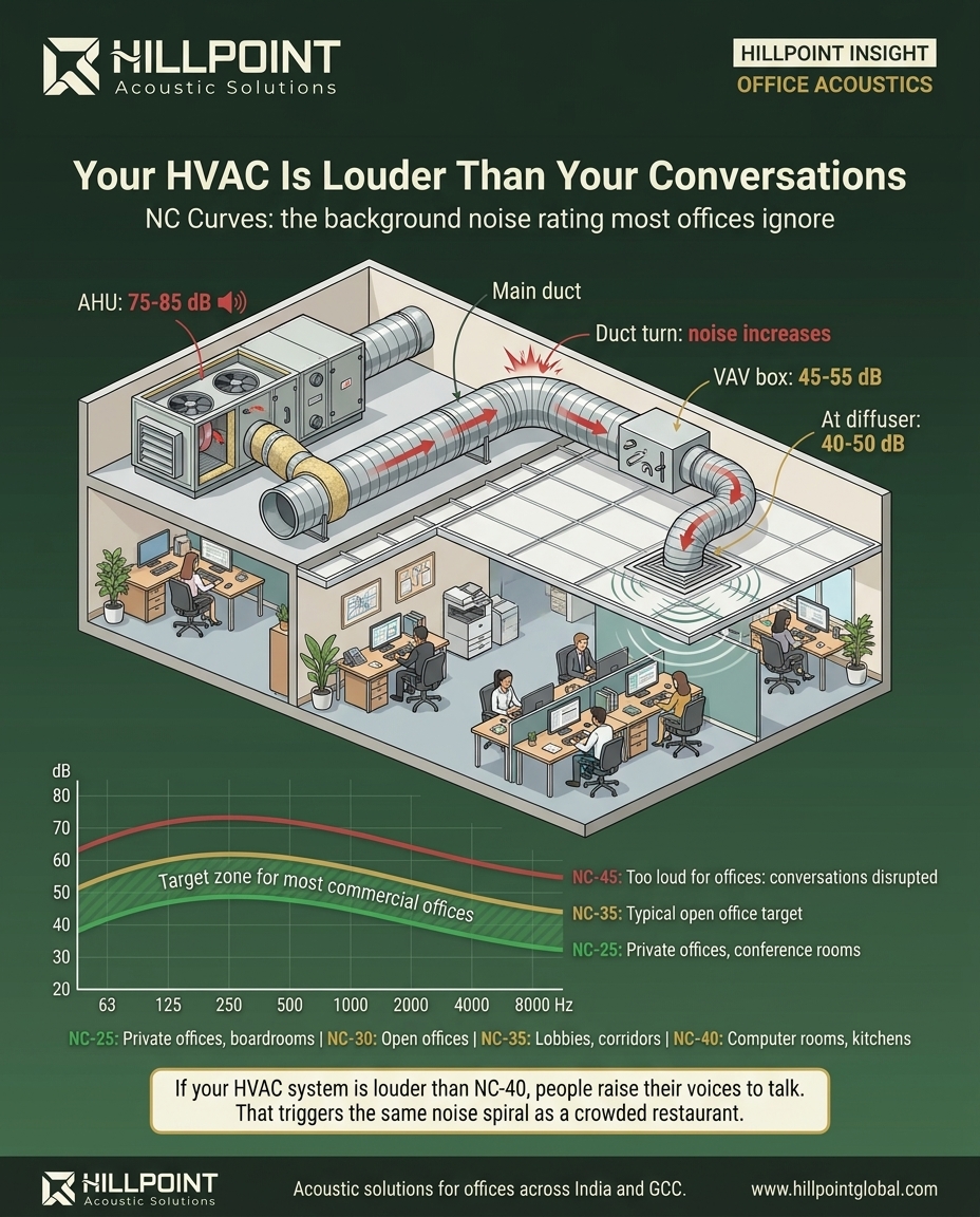 Cross-section infographic showing HVAC noise path from air handling unit through ductwork to office ceiling diffuser, with NC curve chart showing target zones