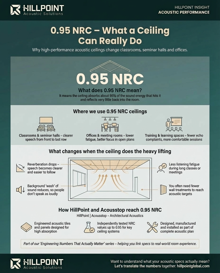 Infographic explaining what 0.95 NRC acoustic ceiling panels do in classrooms, offices, meeting rooms, and training spaces