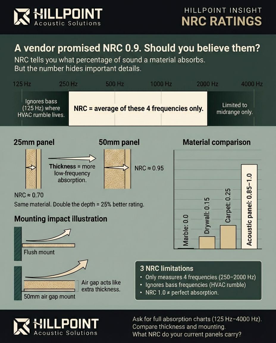 Infographic explaining NRC ratings, showing frequency range limitations, panel thickness impact on absorption, flush mount vs air gap mounting comparison, and material NRC comparison chart from marble to acoustic panels