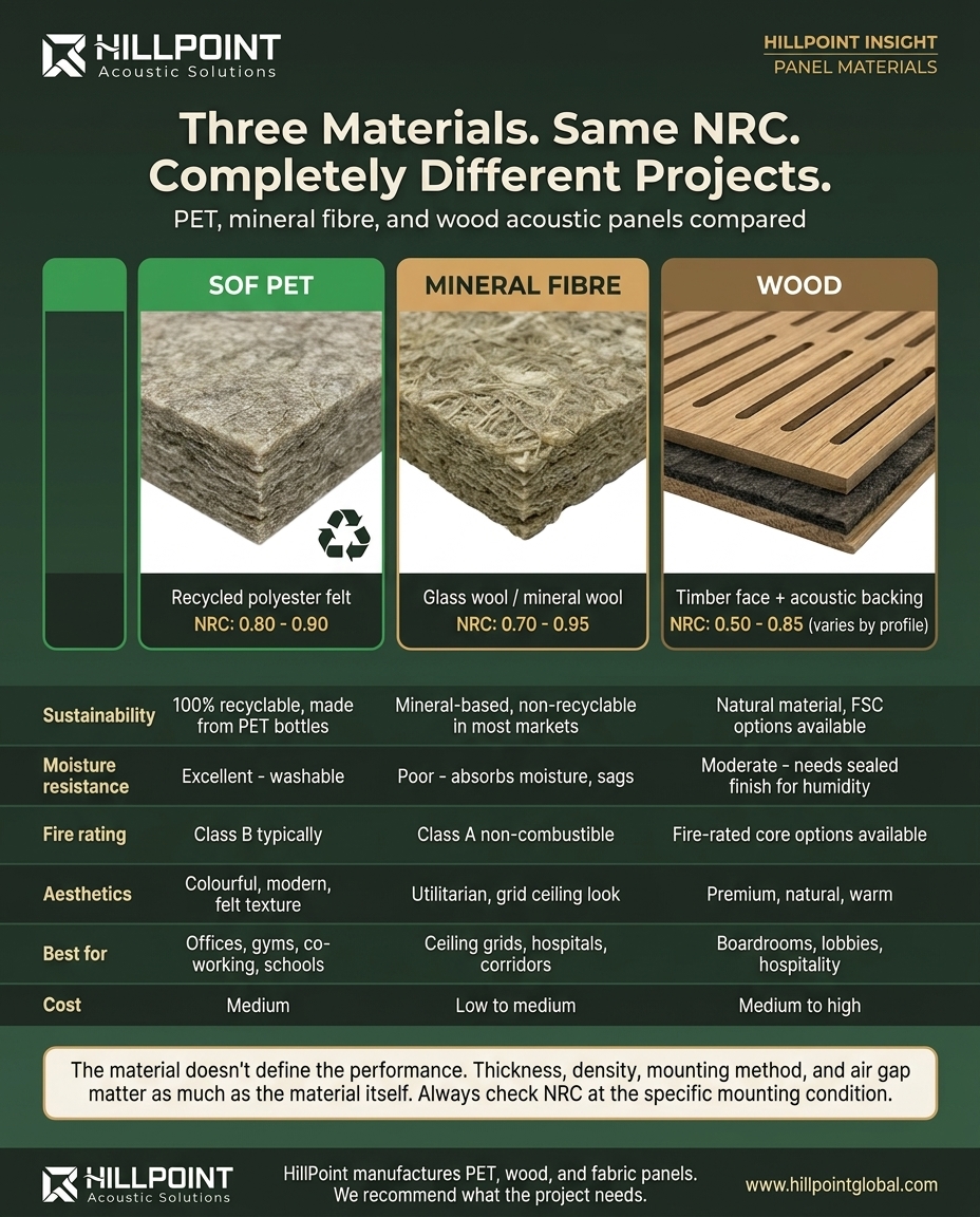 Three-column comparison infographic showing cross-sections of PET, mineral fibre, and wood acoustic panels with NRC ratings and comparison table
