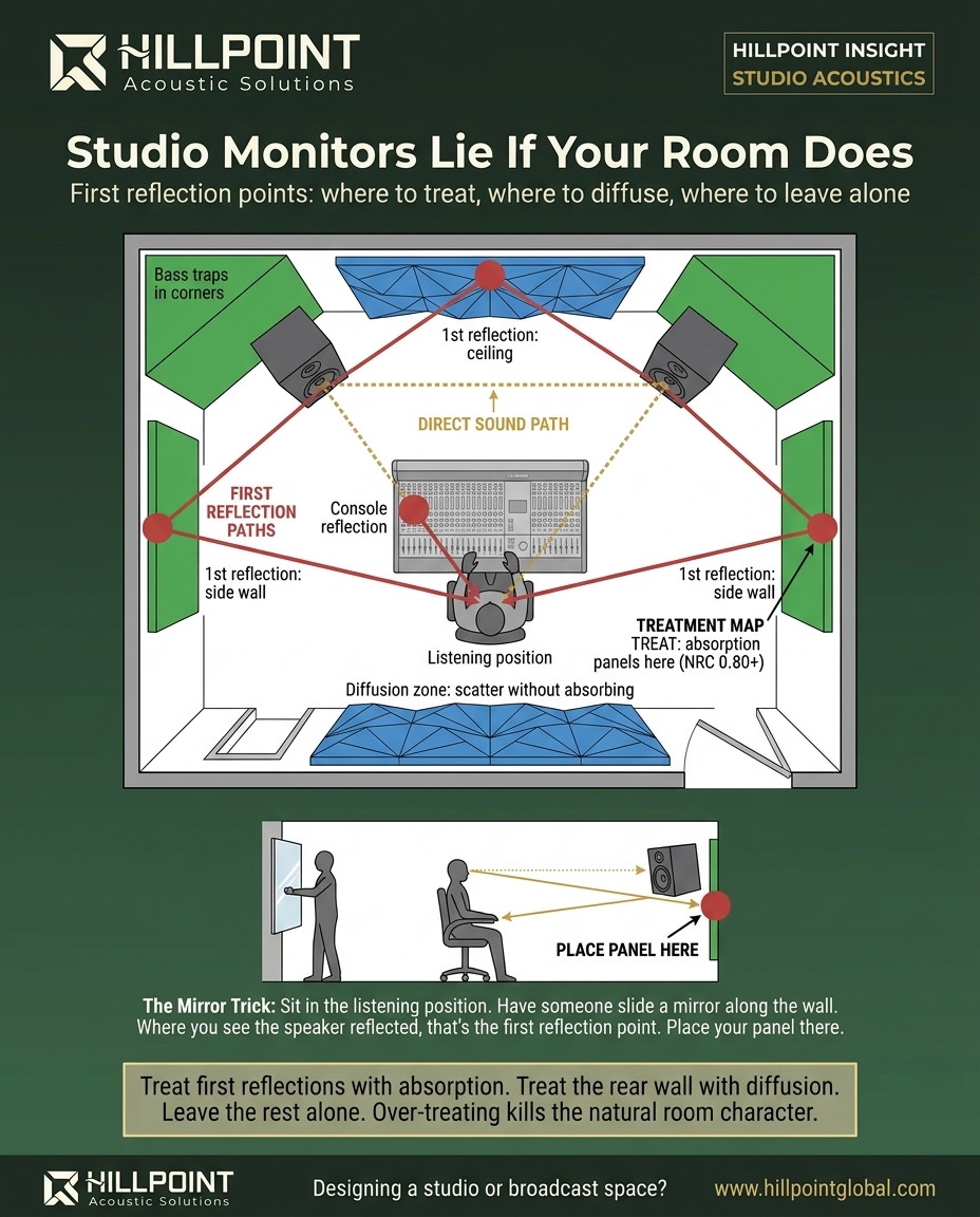 Top-down plan view infographic of a recording studio control room showing first reflection paths from speakers to listener, treatment zones, and the mirror trick diagram