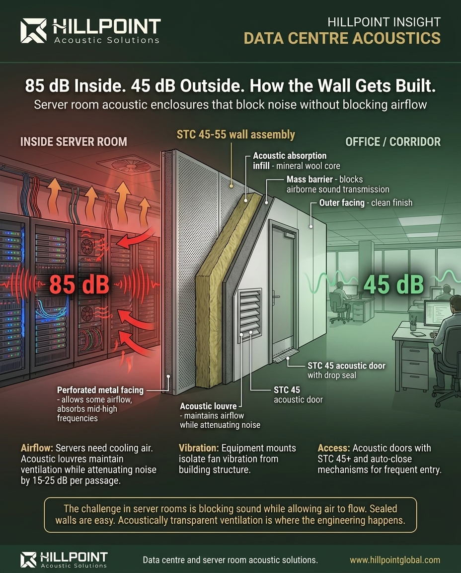 Cross-section infographic of a server room acoustic wall assembly showing MetPan perforated panels, mineral wool infill, mass barrier, and acoustic door with dB readings on both sides