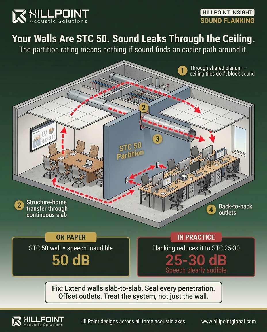 Cross-section diagram of two adjacent rooms showing sound flanking over a partition wall through the plenum, under through the floor, and around through duct penetrations