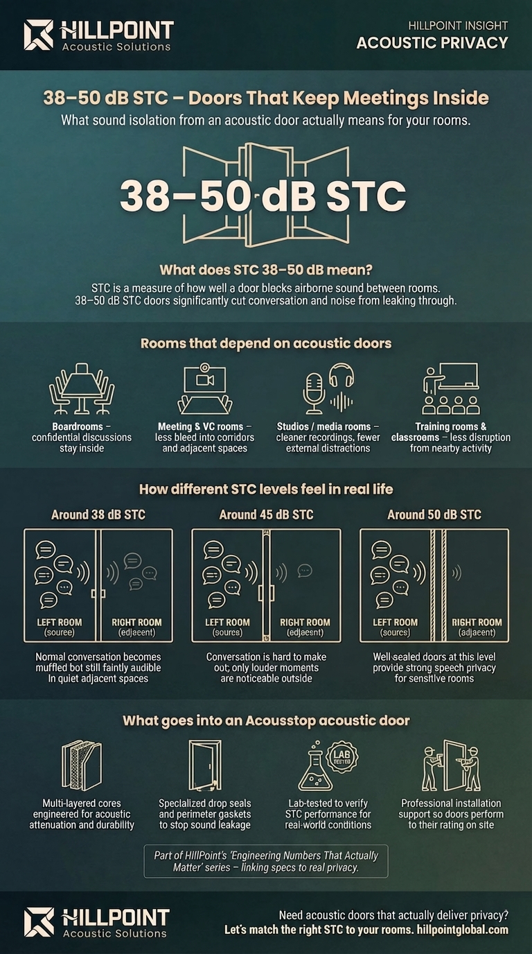 Infographic explaining 38 to 50 dB STC acoustic doors, room types that depend on privacy, and the components that improve door sound isolation