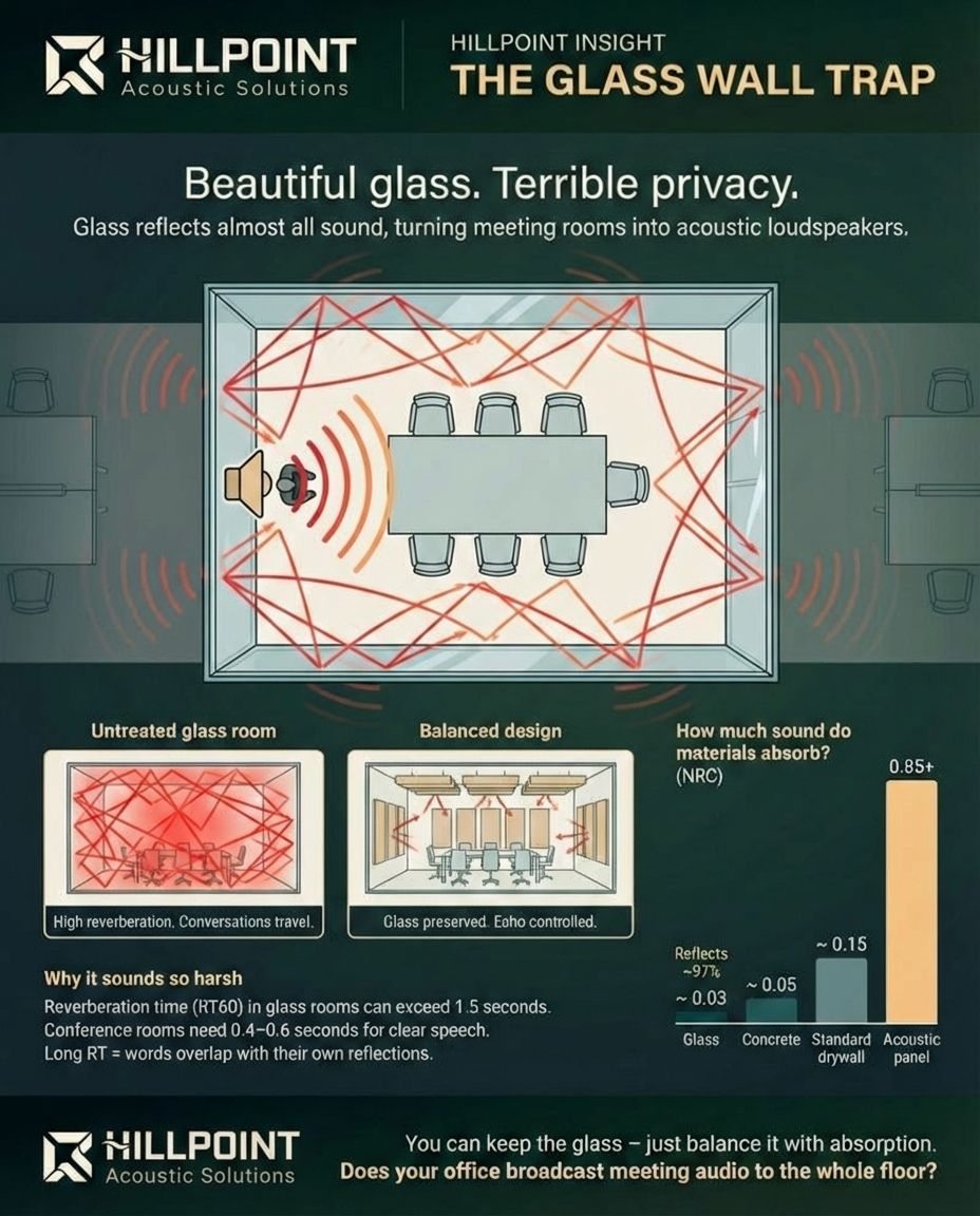 Infographic showing sound reflection patterns in glass conference rooms, NRC comparison of glass, concrete, drywall and acoustic panels, and balanced design approach with ceiling absorption