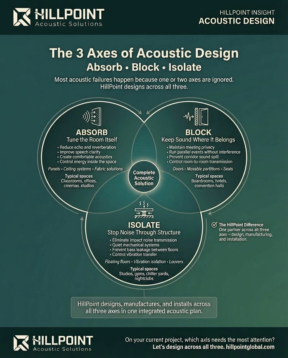 Infographic showing the three axes of acoustic design: absorb the room itself, block sound where it belongs, and isolate structure-borne noise