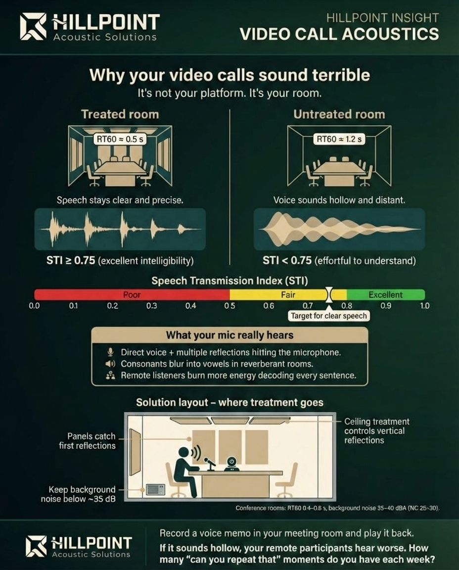 Infographic comparing treated vs untreated conference rooms for video calls, showing RT60 values, Speech Transmission Index scale, microphone reflection diagram, and recommended treatment placement