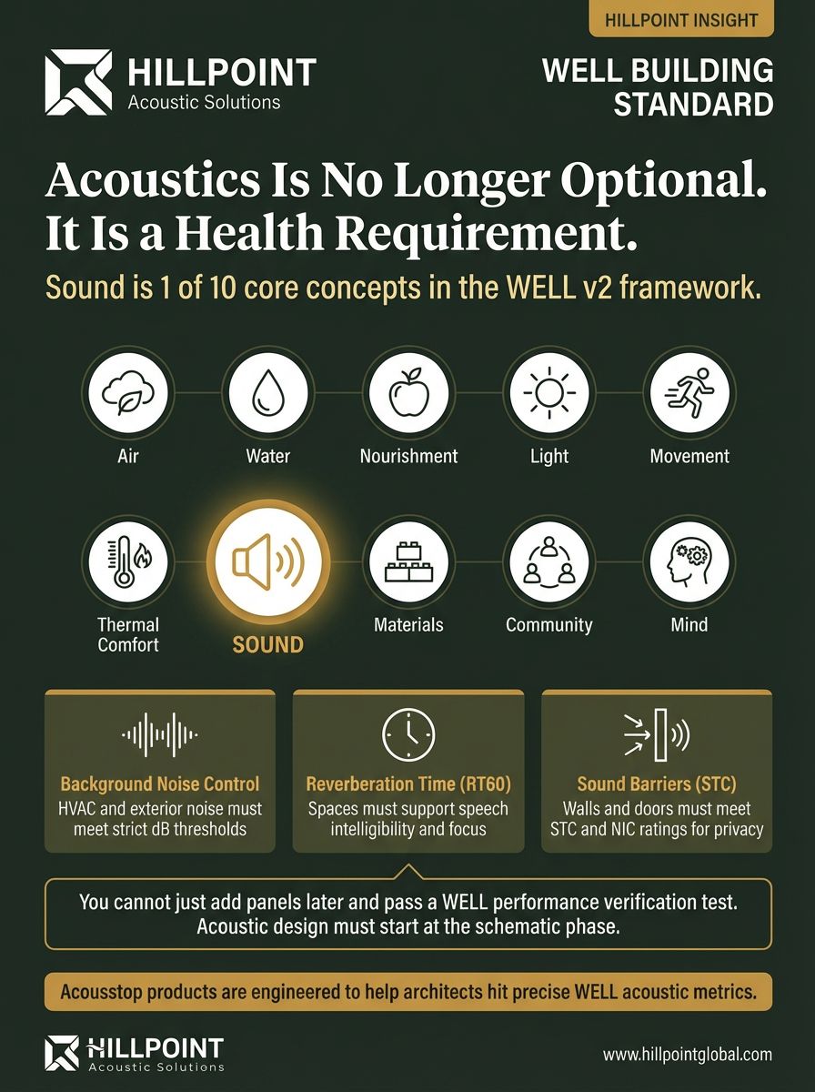 Infographic explaining the WELL v2 Sound concept with background noise control, reverberation time, and sound barrier requirements for healthy buildings