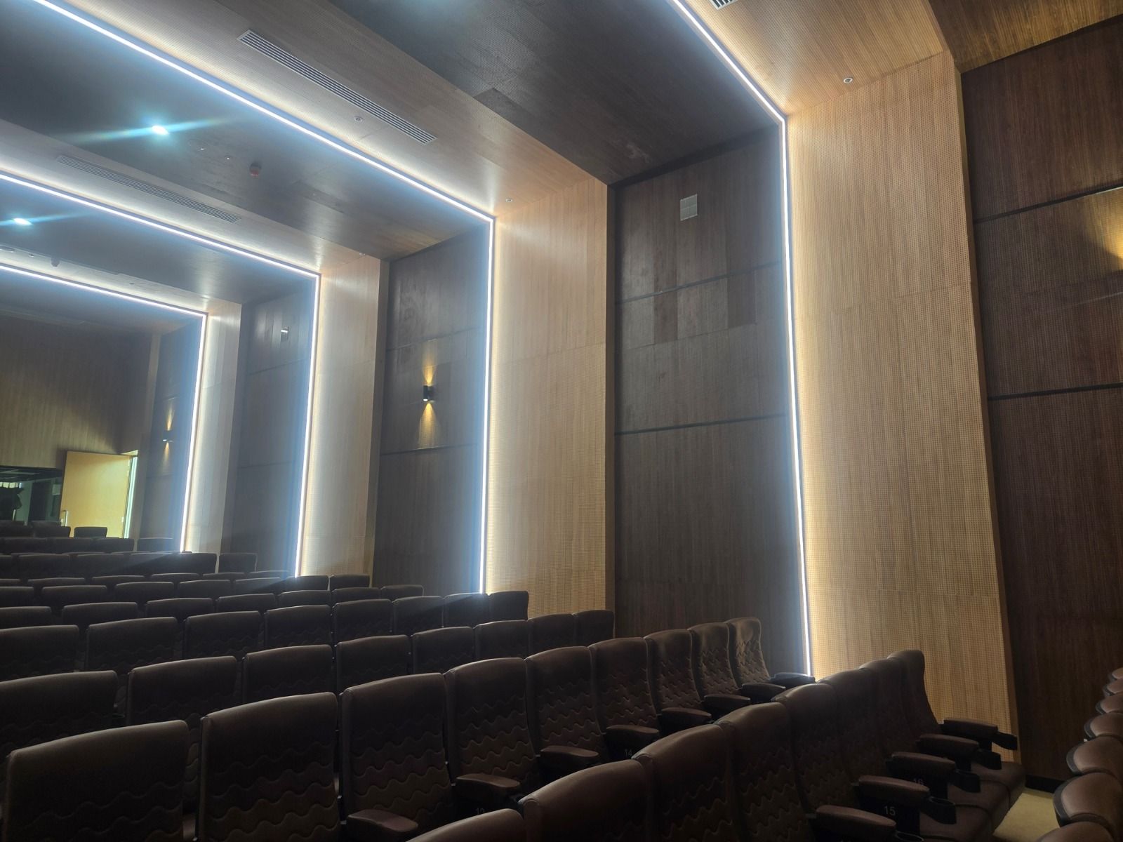 Government auditorium in Chennai side wall detail with LED-edged panel columns and seating rows.
